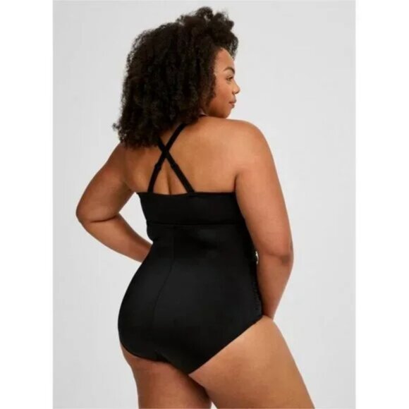 Torrid Wireless Lattice Ruched Black One-Piece Swimsuit - Picture 3 of 7
